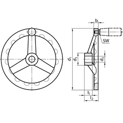 Ručné 3 ramenné koleso, verzia B/G, s rukoväťou, Ø 100mm, nerez photo