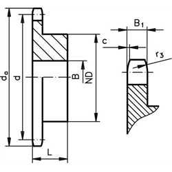 Reťazové kolesá KRG, s 1str. nábojom, 16 B-1, rozt. 1"x17,02mm , zuby indukčne kalené scheme