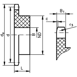 Reťazové kolesá KRK, ISO 04, rozt. 6mm, acetal scheme