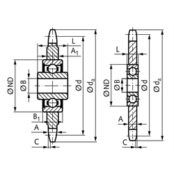 Napínacie reťazové kolesá KSP-R s ložiskom, jednoradové, nerez scheme