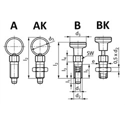 Pružinový piestik 717, typ A, nerez, bez aretácie, 4mm, závit M8x1 photo